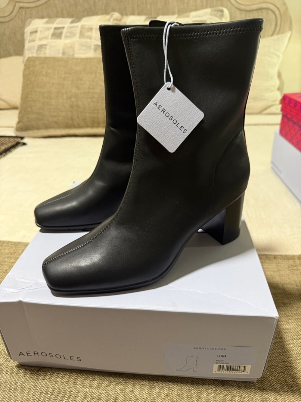 AEROSOLES Black Leather Square-Toe Mid-Calf Block Heel Boots